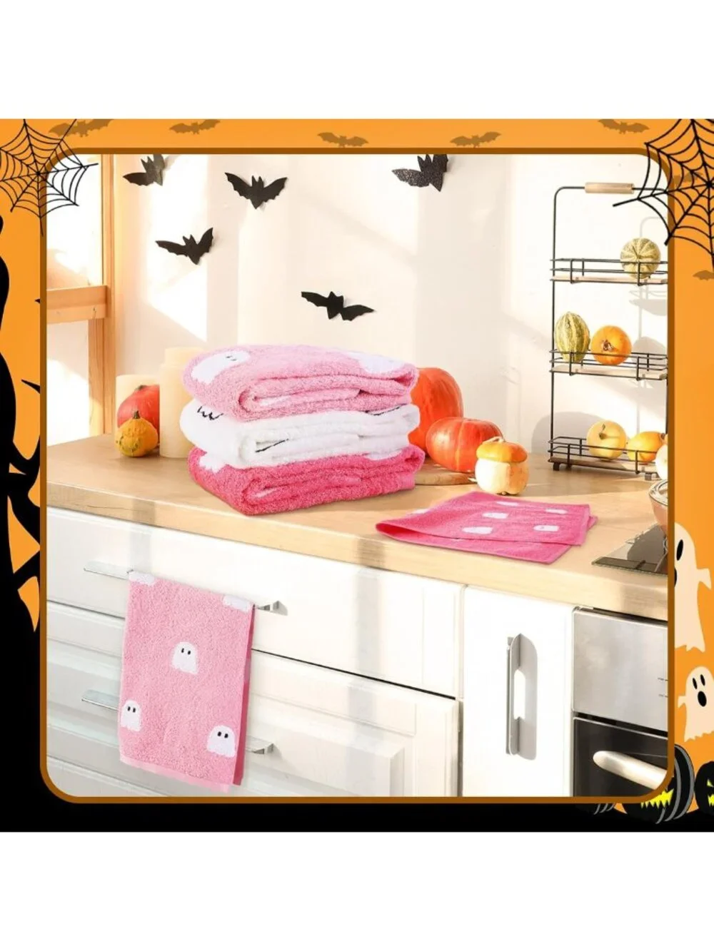3 Pcs Pink Ghost Hand Towels - 100% Cotton Halloween Decor, Cute Kitchen Gifts